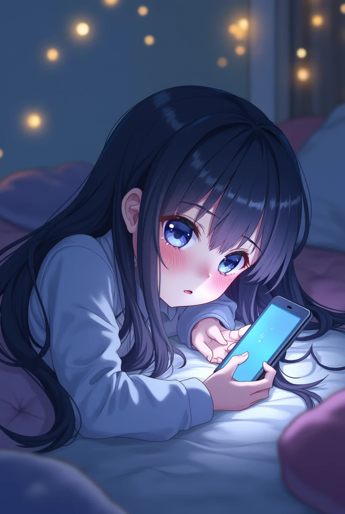 ANIME GIRL LYING DOWN LOOKING AT HER PHONE WHILE CRYING