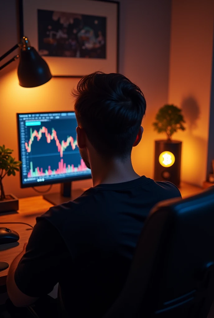 create an image of an adult in his 40s sitting in the bedroom in the gamer setup, looking at the bitcoin chart, place a small bonsai on the table, and a lamp with the bitcoin logo, the image is kind of sideways ,a little back, almost backwards, o rapaz é branco com cabelo crisp castanho escuro o cabelo é raspado bem curto, put your hair in a curler, crisp, gradient effect, black hair