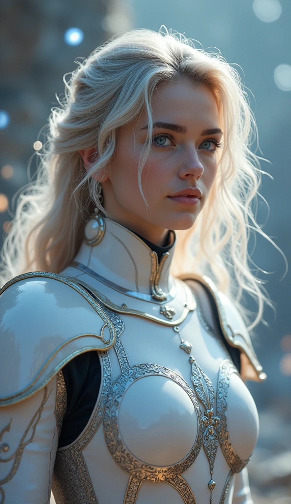 a woman in armour, in the style of light white and dark silver, y2k aesthetic, soft, dream-like quality, princesscore, smooth and shiny, pensive poses, precise detailing -