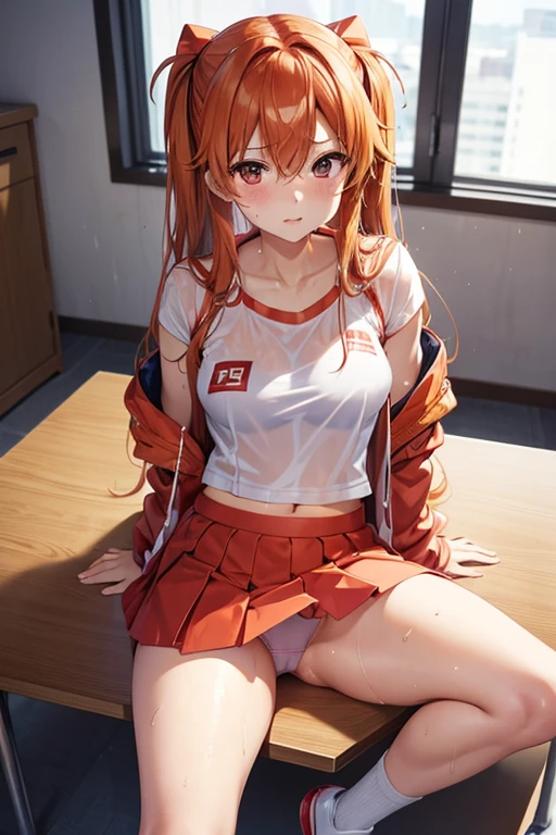 Shikinami Asuka Langley, Jacket, Cheerleader, Ultra mini skirt, Wet and see-through costume, Sit at a desk, Wide legged,  Sweat, Panties,