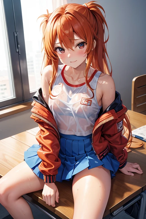 Shikinami Asuka Langley, Jacket, Cheerleader, Mini skirt, separate, See-through costume, Sit at a desk, Wide legged, Sweat, spats, Half-dressed
