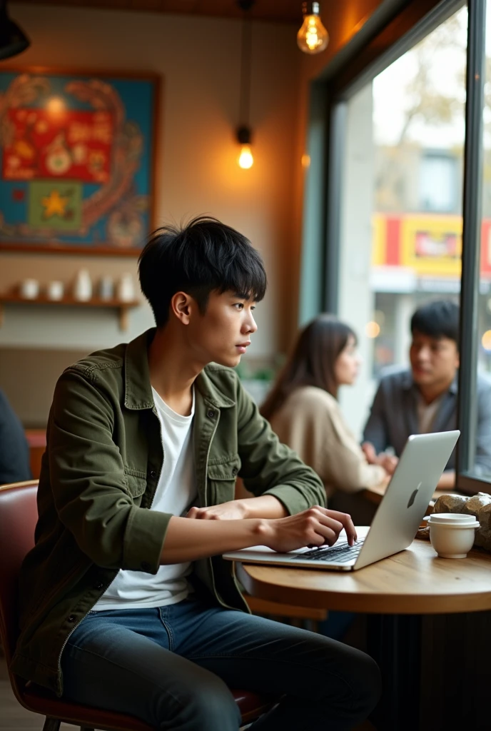 A 19-year-old Asian man is waiting to meet a customer at a coffee shop.