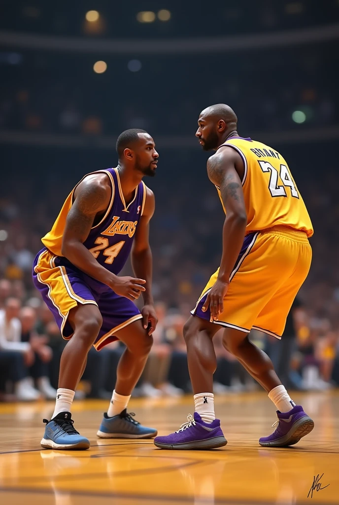 Create an image where Kobe Bryant is playing 1 vs 1 where the two admire the worker they do with a ., short hair and brown eyes, white skin that measures 1.57cm