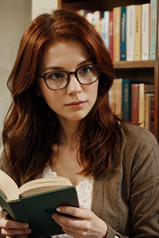 Redhead woman with reading glasses and casual clothes is focused on reading a book in the foreground.