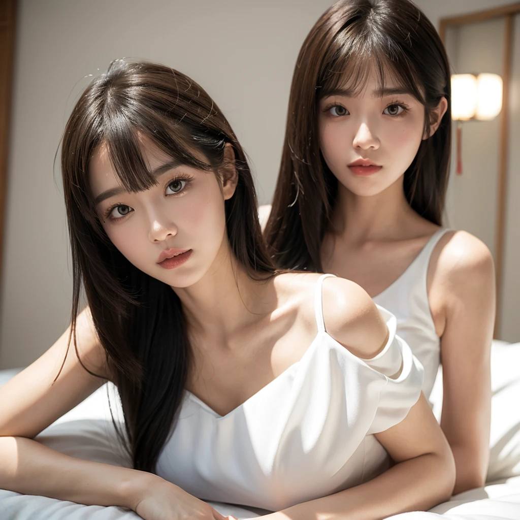 japanese, solo, perfect body, super fine face and eyes, angular catlike eyes, bedroom, white dress, busty, shoulder length hair, bangs
