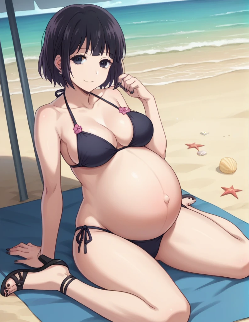 score_9, score_8_up, score_7_up, source_anime,
hanabiyasuraoka, hanabi yasuraoka, short hair, black hair, black eyes,
Big breasts,
Bikini, panties, Heels, big belly, large belly, Beach, background, rubing belly, smile,
looking at viewer, cowboy shot, solo, pregnant, possing, Sitting, Black nails, toenail polish, earrings, belly button,