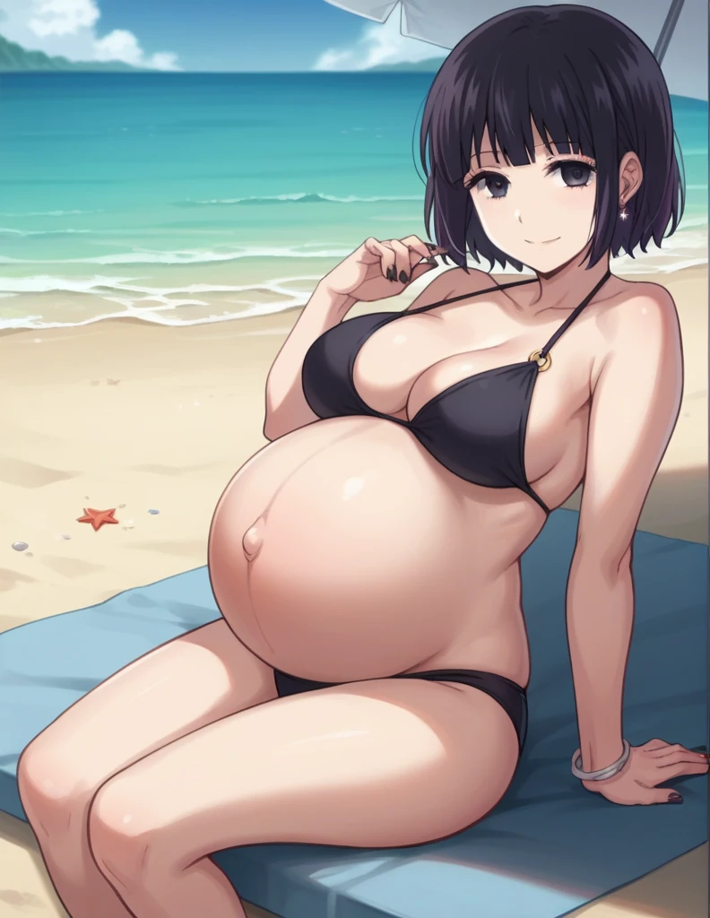 score_9, score_8_up, score_7_up, source_anime,
hanabiyasuraoka, hanabi yasuraoka, short hair, black hair, black eyes,
Big breasts,
Bikini, panties, Heels, big belly, large belly, Beach, background, rubing belly, smile,
looking at viewer, cowboy shot, solo, pregnant, possing, Sitting, Black nails, toenail polish, earrings, belly button,