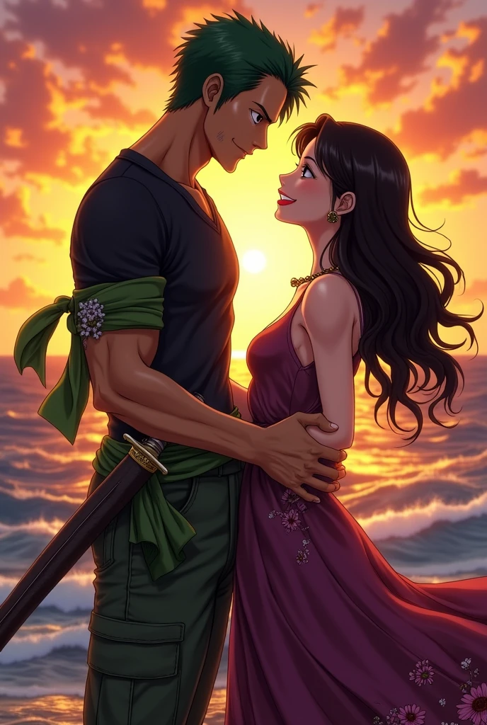 Zoro and robin couple pic from one piece anime. Make it like real add details add clothes