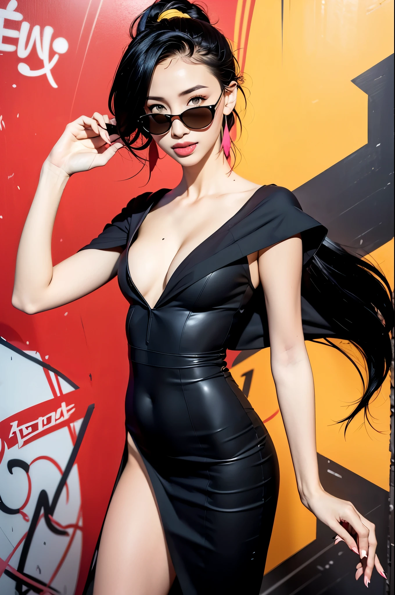 Flat Illustration artwork, ((Angelababy)) in a strapless dress standing in front of simple background, up close, wear dark sunglasses, korean pop-star, big smile, black hair, pretty hands, fringe, simple red background, palm trees, (graffiti wall:1.2), ((Art style by Patrick Nagel)), ((8k, wallpaper, detailed)), strong, courageous, art by Patrick Nagel, music album art cover