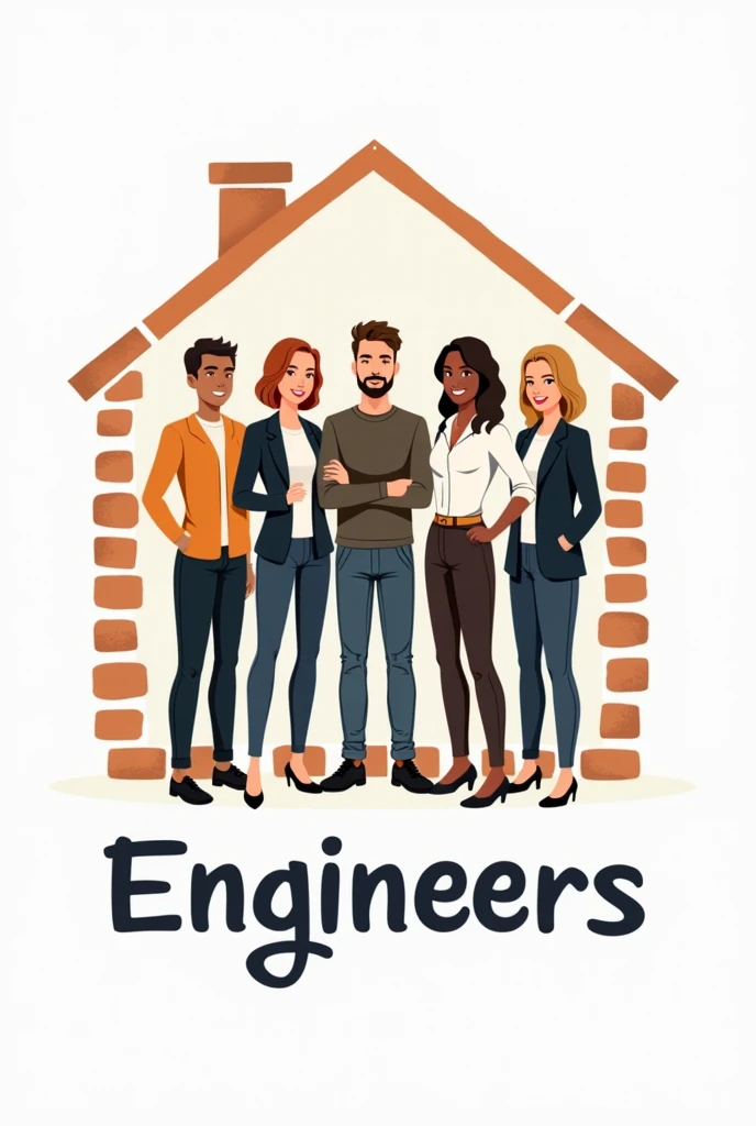 create a logo for a residential construction company, that the logo contains a team of 5 engineers, 3 women and 2 men