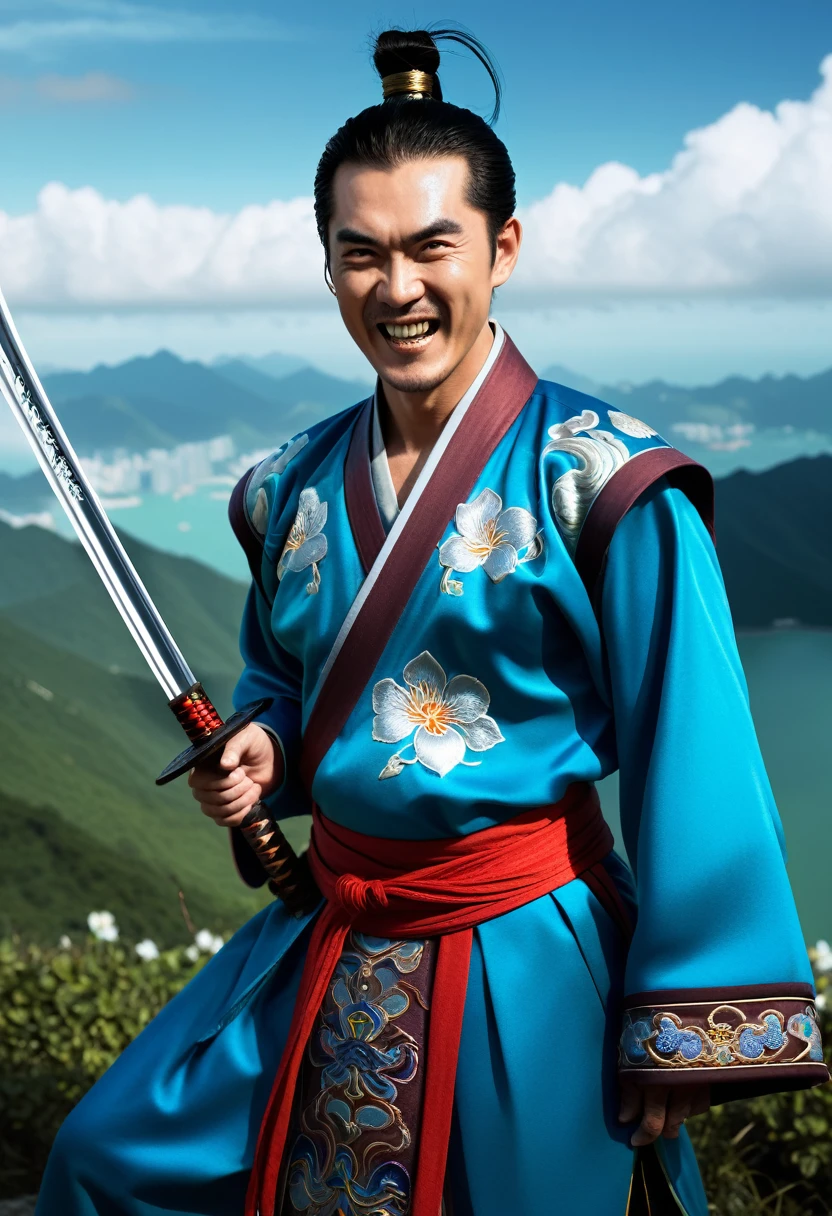 Character Linghu Chong, The Smiling, Proud Wanderer by Jin Yong. An extremely handsome man, dressed in ancient Chinese costume, colorful embroidered martial arts uniform, holding a shiny sword, wearing a wine gourd around his waist, smiling, using high-end cosmetics. The background has blue sky, white clouds, beautiful flowers and leaves, majestic mountains, vast lakes. The photo exudes a heroic spirit, looking straight at the camera. Hong Kong cinema style. Cinematic lighting, high detail, 8K, artstation, conceptual art, dark fantasy. Photo taken with Canon EOS R5 85mm f/11 camera, ((sharp)) mode of people and surrounding environment. Picture quality ((8K)), ((realistic)), ((masterpiece)), ((sharpest and highest contrast)), ((amazing depth of field)), ((stereoscopic light)), ((angry, ferocious)), detailed pores, ((Direct light on the face)), bright sunlight.