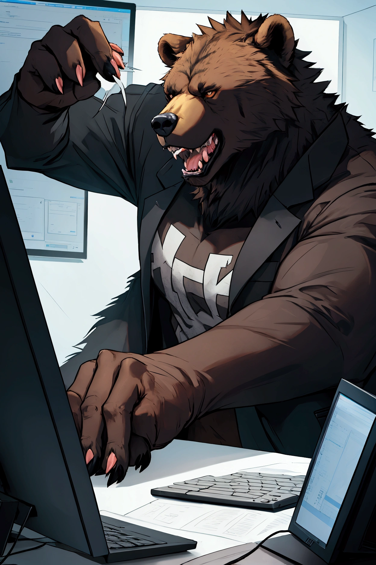 A bear (animal) angry and growling while playing on his computer.