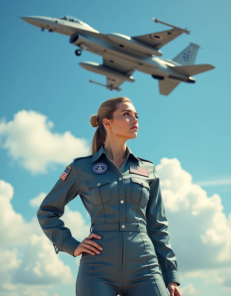 (photorealism:1.2), beautiful woman, soldier, sexy uniform, airforce, combat plane in the sky
