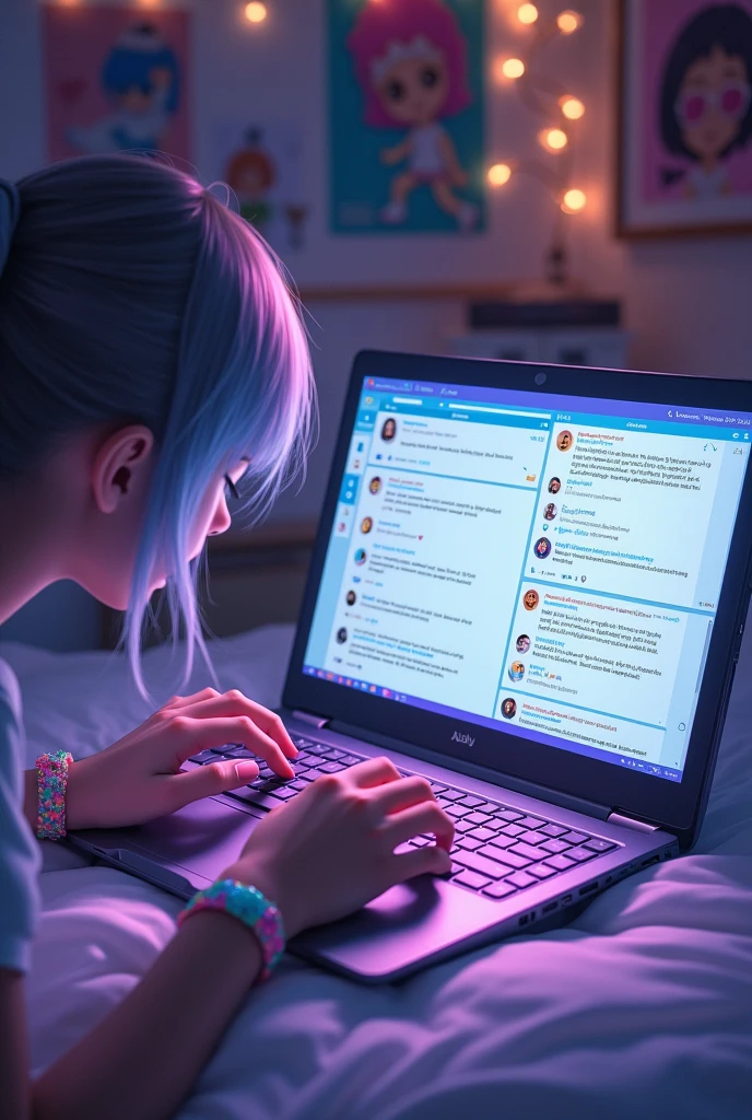A laptop showing close-up comments from a social network with the hands of an anime girl on the keyboard without her face being seen