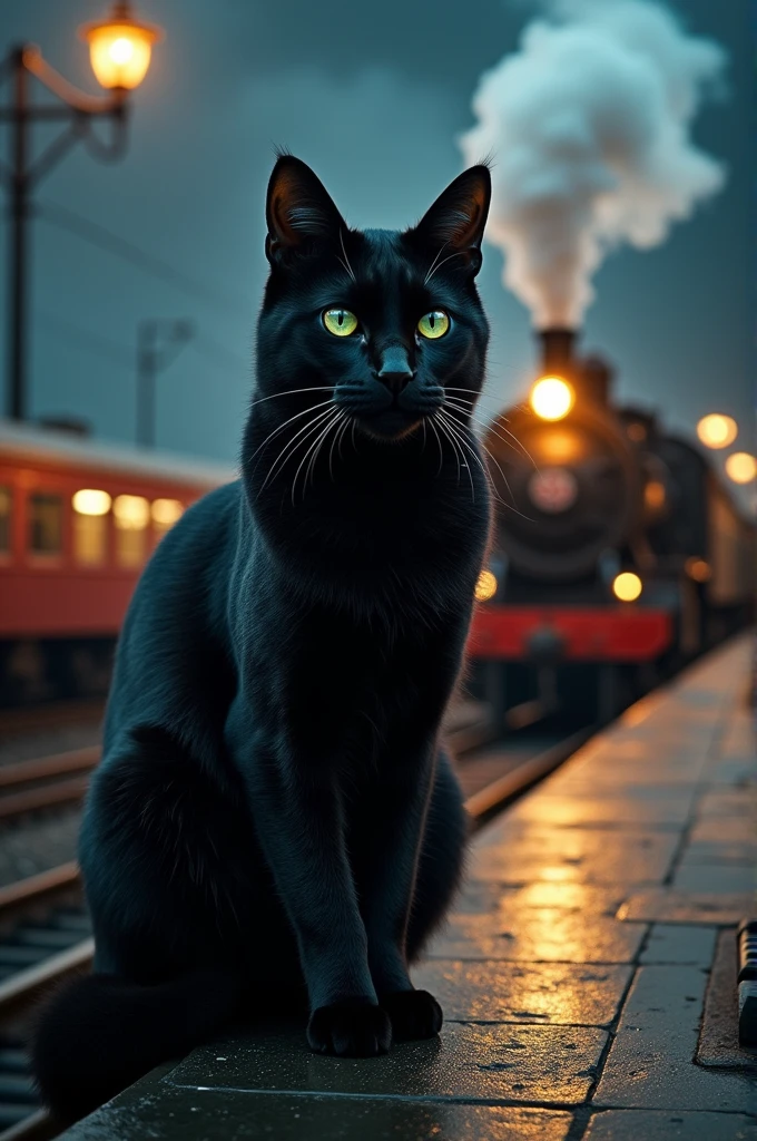 A big black cat grasped in front of a train