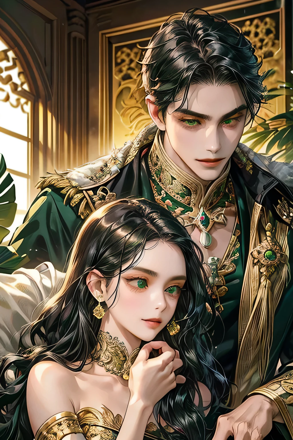 Couple, dar black wavy hair, javanese style, masterpiece, best quality, realistic, romantic and charming, 29 years old, green eyes, serious, extremely detailed eyes, detailed face, detailed hand, detailed body, dark skin, smile,, ((short swept dark black hair)), [ eyebrows], green suit, prambanan temple,playing with gold bird,  accurate, detailed
