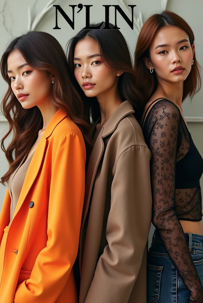 Create a fashion poster for the brand N'Lin, showcasing its chic and trendy style. The poster should appeal to young women aged 25-30, highlighting the brand's focus on fashionable and contemporary designs. Use a sleek and modern aesthetic with high-quality visuals that exude sophistication and style. Incorporate elements like bold typography, elegant models, and a clean layout that reflects the brand's identity as a leader in high-end fashion for young, stylish women. The overall design should convey a sense of exclusivity, confidence, and cutting-edge fashion.
