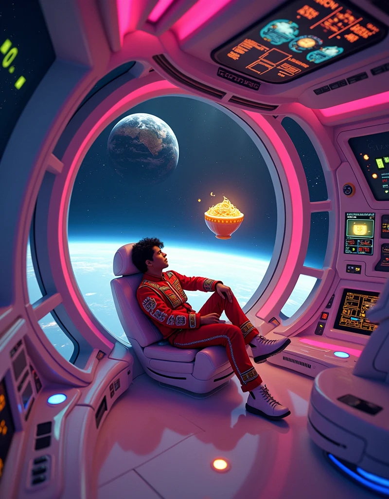 Mexican astronaut sitting in a cockpit of an spaceship with a view of the earth, surprised for cup of noodles floating because of cero gravity, cyberpunk style