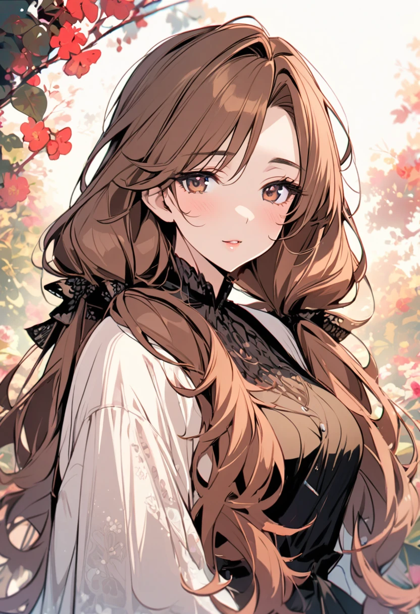girl, mature, cute, brown hair, brown eyes, low twin tails, long hair, beaautiful color, beautiful eyes, pretty, half eyes