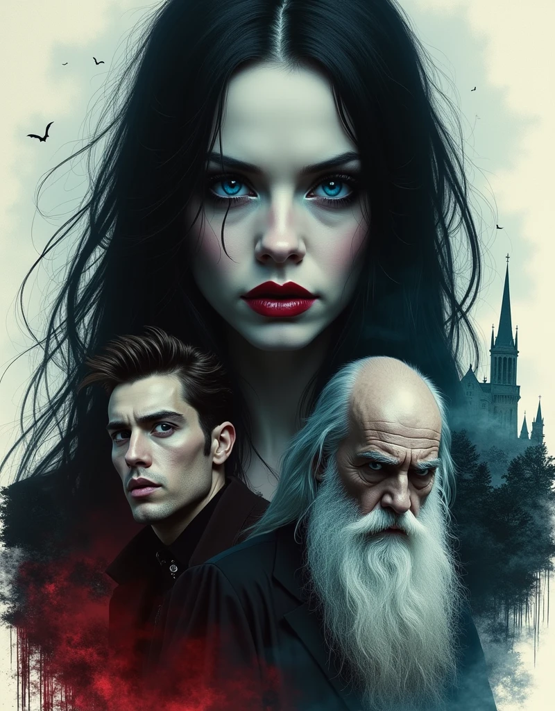 Create a detailed and artistic montage inspired by the style of Anne Stokes, featuring three central characters. The composition should prominently feature the beautiful young woman with striking blue eyes at the top of the image, her expression mysterious and captivating, with a double exposure effect blending her with the dark, terror-filled background. Below her, slightly smaller in size, are the other two characters: a thirty year old goth man with spiked hair, his features sharp and intense, and an elderly, bald man with a long, flowing white beard, his face lined with wisdom and age. The background should be a haunting landscape, such as a haunted forest, an abandoned castle, or a desolate, stormy environment, integrated subtly using the double exposure effect. Use a color palette dominated by blacks and deep reds to create a mysterious and ominous atmosphere. The overall style should reflect Anne Stokes' artistic approach, with detailed rendering and a focus on the contrast between youth and age, beauty and darkness, all while emphasizing the female character in the upper portion of the composition.