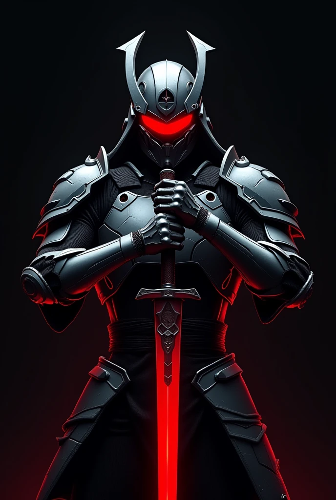 Image of a samurai with a red band covering his eyes on a black background. It is a samurai who has a sword near his neck. A large sword can only be seen from his torso up in an anime style with a futuristic mecha. His sword is red and the red bandage covers his eyes. They cover his eyes from forehead to nose. , His armor is futuristic, Video game animation style with both hands he holds his sword and with his red scarf covering his eyes from forehead to nose you can't see his eyes anime and video game style a samurai with a band covering his eyes and wielding his red sword with both hands