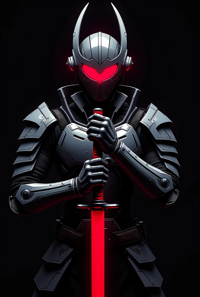 Image of a samurai with a red band covering his eyes on a black background. It is a samurai who has a sword near his neck. A large sword can only be seen from his torso up in an anime style with a futuristic mecha. His sword is red and the red bandage covers his eyes. They cover his eyes from forehead to nose. , His armor is futuristic, Video game animation style with both hands he holds his sword and with his red scarf covering his eyes from forehead to nose you can&#39;t see his eyes anime and video game style a samurai with a band covering his eyes and wielding his red sword with both hands 