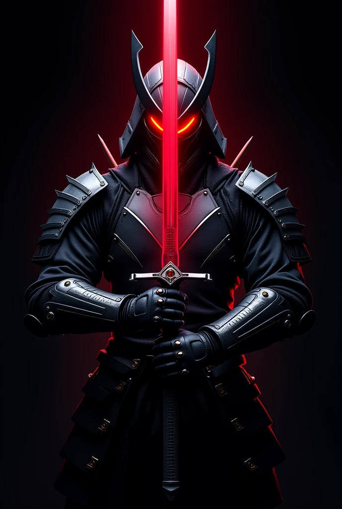 Image of a samurai with a red band covering his eyes on a black background. It is a samurai who has a sword near his neck. A large sword can only be seen from his torso up in an anime style with a futuristic mecha. His sword is red and the red bandage covers his eyes. They cover his eyes from forehead to nose. , His armor is futuristic, Video game animation style with both hands he holds his sword and with his red scarf covering his eyes from forehead to nose you can't see his eyes anime and video game style a samurai with a band covering his eyes and wielding his red sword with both hands