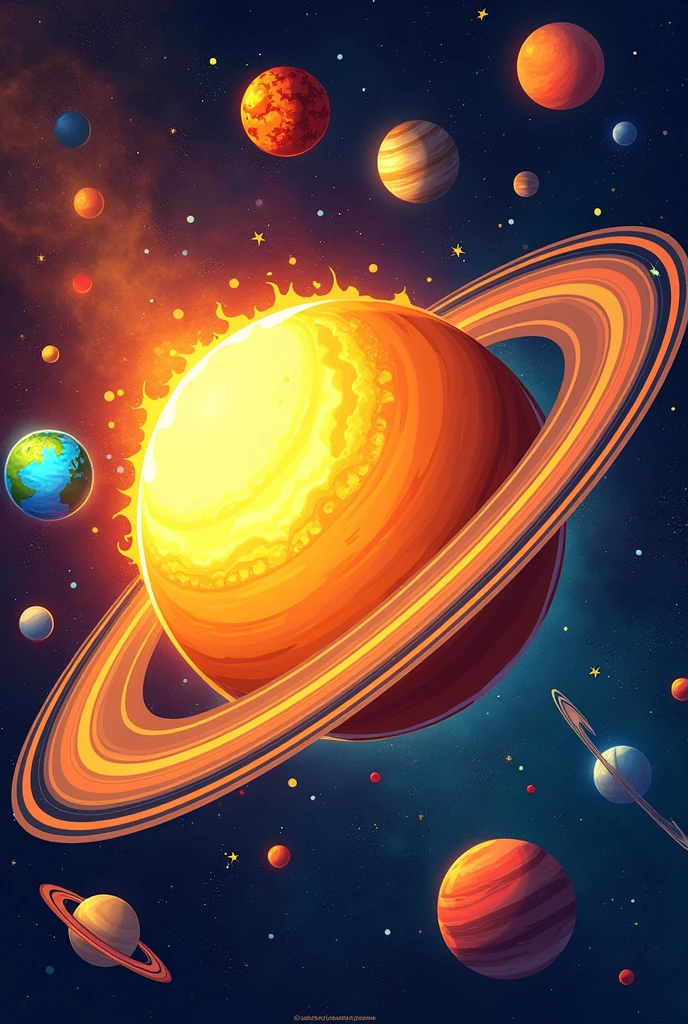"Generate a vibrant, cartoon-style depiction of the Solar System. The scene should include all the planets in their correct order from the Sun, each with exaggerated and colorful features. The Sun is bright and glowing in the center, with large, playful flames. Mercury is small and rocky, Venus has a thick, swirling yellow atmosphere, Earth is blue and green with visible clouds, and Mars is a bright red. Jupiter is the largest, with its iconic Great Red Spot, and Saturn has wide, bold rings. Uranus and Neptune are shades of light blue, with Neptune showing faint, cartoonish rings. The background is a dark space filled with twinkling stars and a few whimsical comets. The overall mood is playful and educational, making the Solar System look fun and approachable."