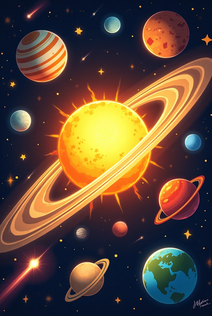 "Generate a vibrant, cartoon-style depiction of the Solar System. The scene should include all the planets in their correct order from the Sun, each with exaggerated and colorful features. The Sun is bright and glowing in the center, with large, playful flames. Mercury is small and rocky, Venus has a thick, swirling yellow atmosphere, Earth is blue and green with visible clouds, and Mars is a bright red. Jupiter is the largest, with its iconic Great Red Spot, and Saturn has wide, bold rings. Uranus and Neptune are shades of light blue, with Neptune showing faint, cartoonish rings. The background is a dark space filled with twinkling stars and a few whimsical comets. The overall mood is playful and educational, making the Solar System look fun and approachable."
