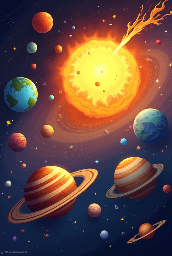 "Generate a vibrant, cartoon-style depiction of the Solar System. The scene should include all the planets in their correct order from the Sun, each with exaggerated and colorful features. The Sun is bright and glowing in the center, with large, playful flames. Mercury is small and rocky, Venus has a thick, swirling yellow atmosphere, Earth is blue and green with visible clouds, and Mars is a bright red. Jupiter is the largest, with its iconic Great Red Spot, and Saturn has wide, bold rings. Uranus and Neptune are shades of light blue, with Neptune showing faint, cartoonish rings. The background is a dark space filled with twinkling stars and a few whimsical comets. The overall mood is playful and educational, making the Solar System look fun and approachable."