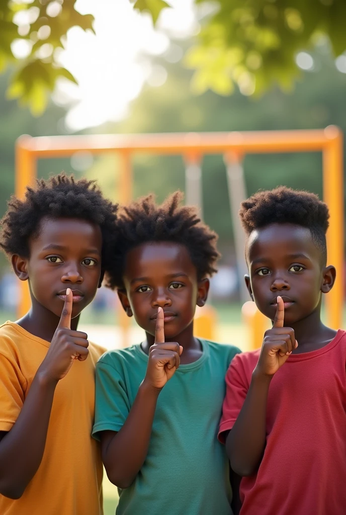 Black male children making silence gesture