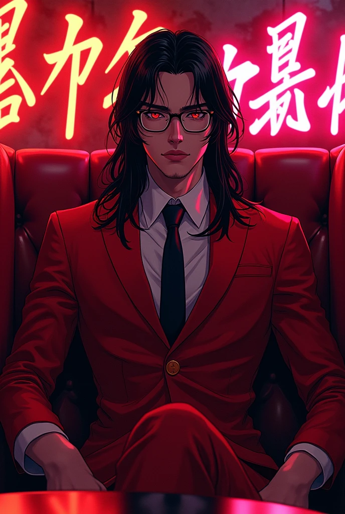 (Manhwa:3.2) Manhwa Cover, Japanese Text, Man, Black Long Hair, Red Eyes, Handsome Face, Rimless Glasses, Red Suit, Black Tie, sitting in red club booth, good looking manhwa art style,