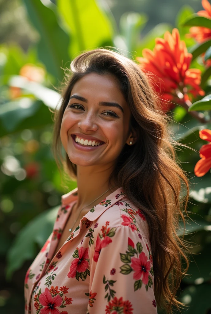 A Brazilian woman in a lush tropical garden, wearing an open shirt with a floral print, with a close-up capturing the harmonious beauty between her breasts and the natural flowers, showing off your natural charm and outgoing personality.