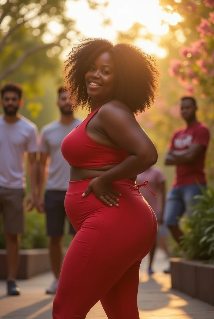chubby black woman with big butt and perky young and sexy twerking and throwing herself in front of several men in the early morning light with short and sexy clothes