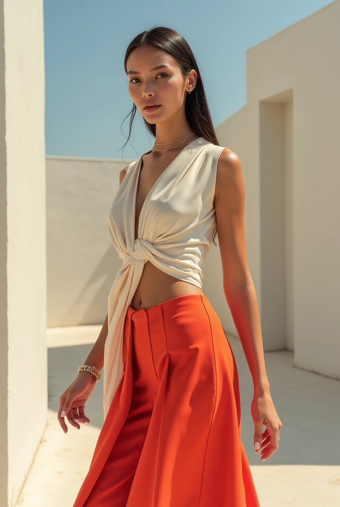 European woman model wearing halter neck blouse and short pleated skirt set in luxurious fabric 