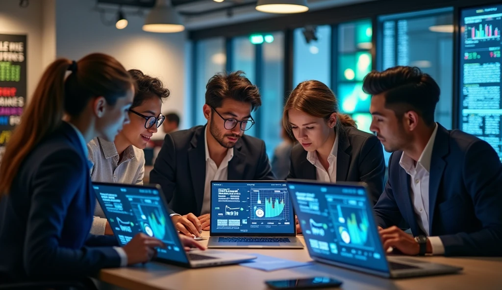 A group of people with computers and graphs calculating the price of various technology products