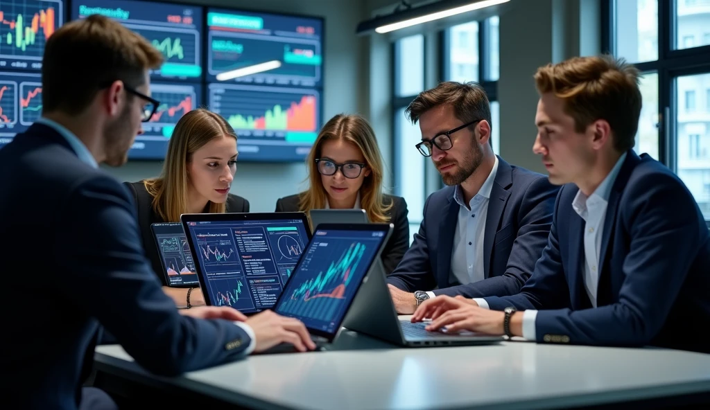 A group of people with computers and graphs calculating the price of various technology products