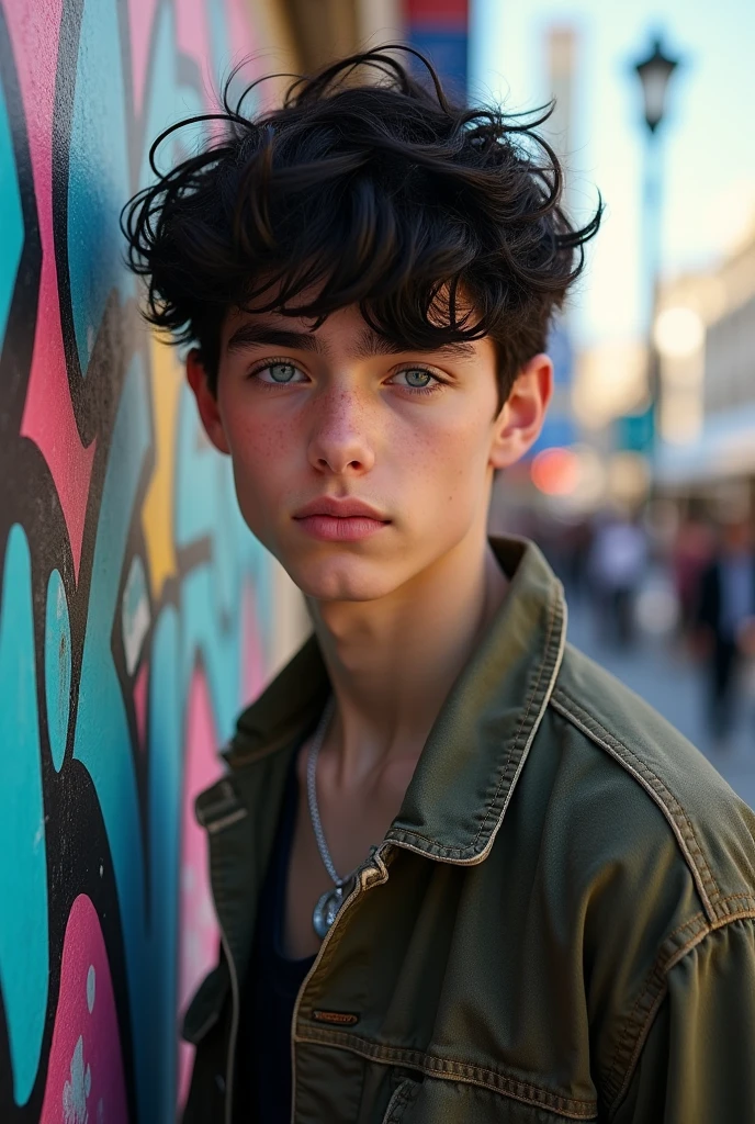 Young teenager very white blue eyes and very black hair. very handsome