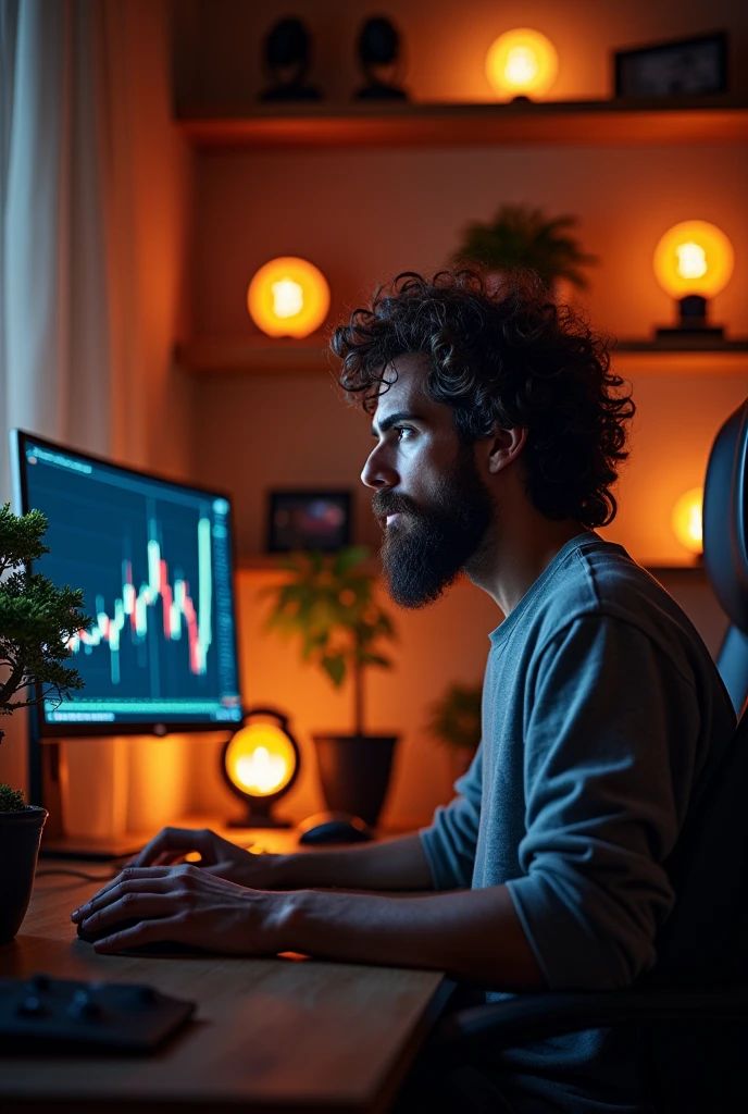 crie umA imagem de um adulto de uns 40 anos sentado no quarto no setup gamer, looking at the bitcoin chart, place a small bonsai on the table, and a lamp with the bitcoin logo, A imagem ,a little back, the boy is white with dark brown curly hair , those fubkeiro hairs, add lighting to the man