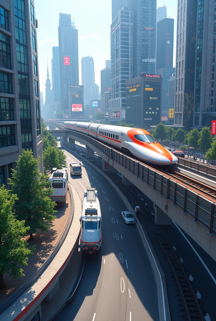 The Tohoku Shinkansen, which runs on an elevated track on a highway with a junction and a cyber-urbanization of Rifu Town, as well as its stations and depots