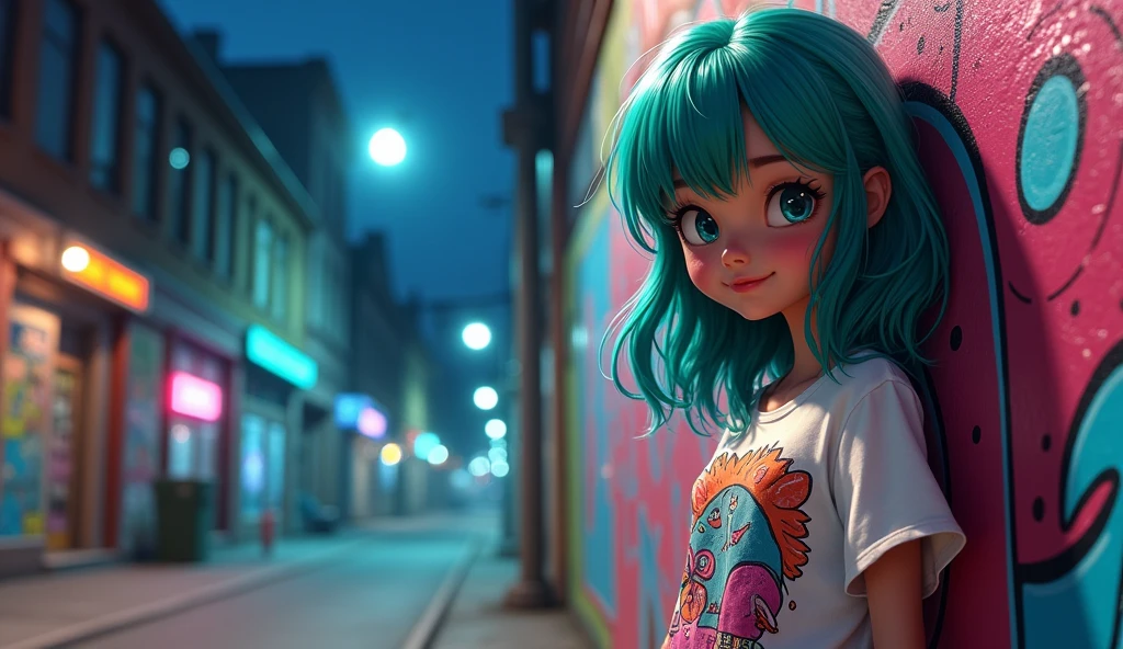 The animated girl wears an oversized T-shirt and leans against a wall full of graffiti at night.