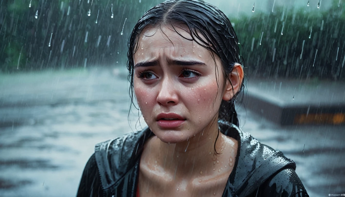 A girl crying in the melancholy rain, This scene is depicted in a dreamy, low-fi style on ArtStation. Her tear-stained face was beautifully captured, Her sadness was evident in the soft drops of water that fell around her.. The tones of the rain create a bittersweet atmosphere of sadness,The details of the girl's expression are impressive. This emotionally charged image evokes a sense of empathy and introspection, Showcase the creator’s skill and artistry.