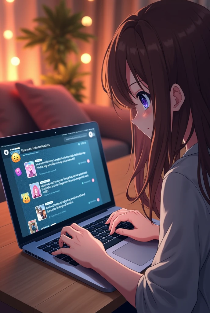 A laptop showing close-up comments from a social network on the screen with the hands of an anime girl on the keyboard without her face being seen. Same image but with brown hair.