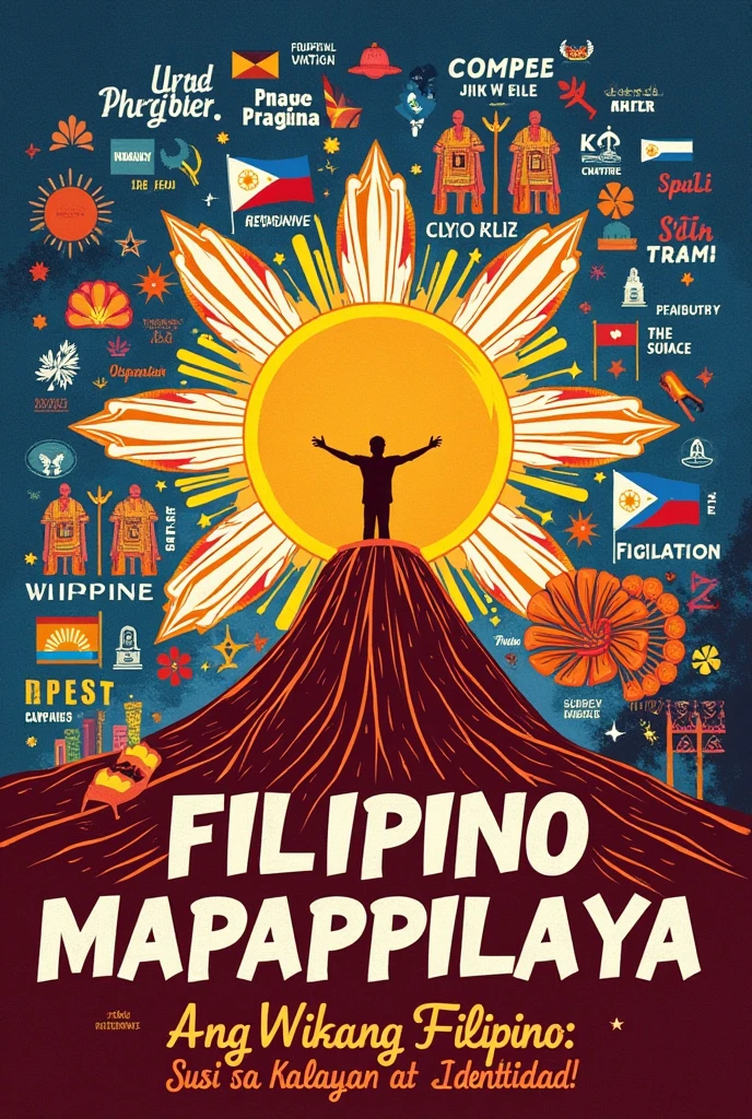Title: "Filipino: Wikang Mapagpalaya"
Design:
- Background: Use colors inspired by the Philippine flag (blue, red, yellow, and white) to symbolize patriotism and unity.
- In the center, feature a prominent image of a stylized Philippine sun with rays extending outward, representing enlightenment and freedom.
- Surrounding the sun, incorporate various Filipino words and phrases in bold, vibrant fonts to highlight the richness and diversity of the Filipino language.
- Include images or symbols of key Filipino cultural elements, such as the Philippine flag, traditional clothing, indigenous patterns, and iconic landmarks to celebrate Filipino heritage.
- At the bottom, include a powerful slogan like "Ang Wikang Filipino: Susi sa Kalayaan at Identidad!" (The Filipino Language: Key to Freedom and Identity) to convey the message of linguistic empowerment and national pride.