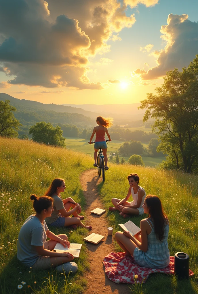 Make me a landscape where there is a person riding a bicycle and there are also three more people enjoying the countryside., put a big sun and some dark clouds, that there are also books and music 