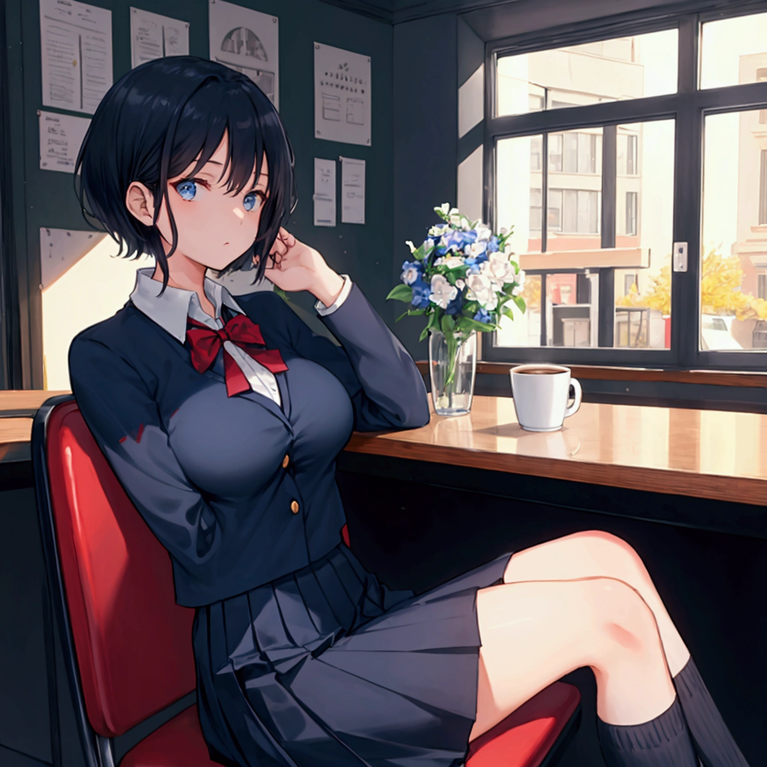 Coffee shop background, school uniform, dark blue uniform, 1woman, solo, dark hair, short hair, shining hair, medium-large breast, sitting behind table, facing viewer, arrogant, 