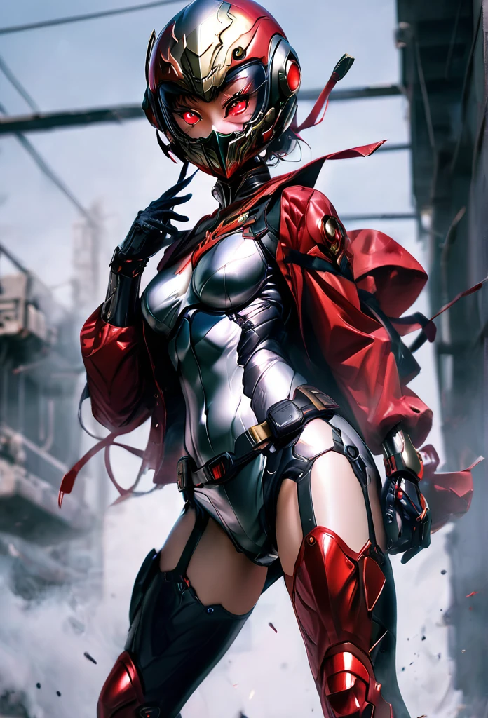 Wearing a revealing combat suit、Female Kamen Rider、miniskirt、Red big eye helmet、Combat pose