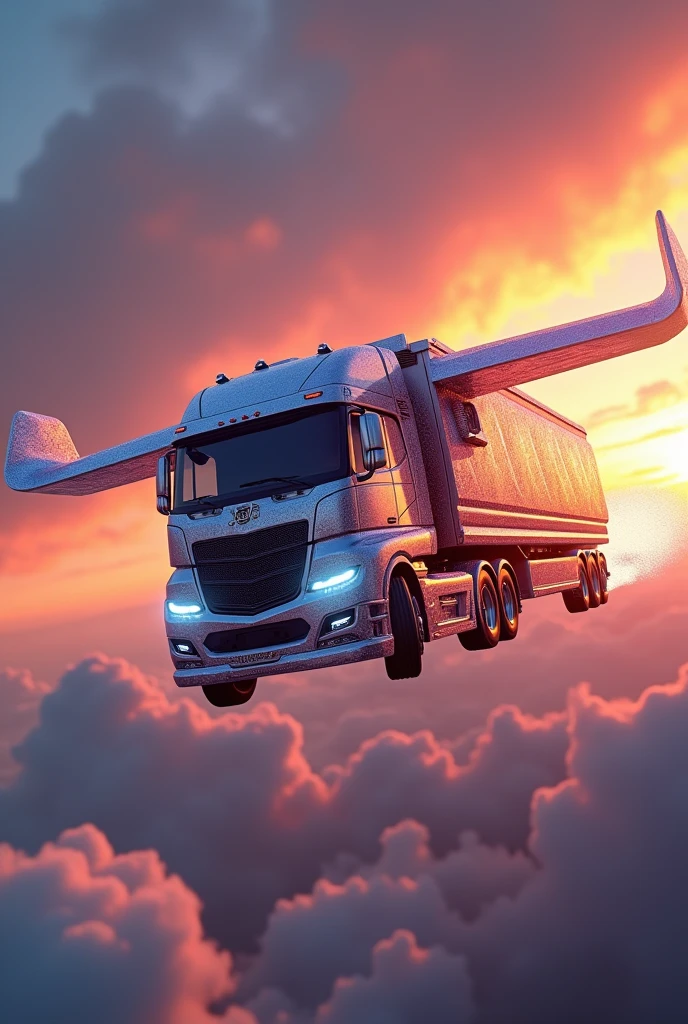 a flying lorry truck with wings, futuristic sci-fi airship, hyper-detailed, intricate machinery, dynamic motion blur, cinematic lighting, vibrant colors, dramatic angles, photorealistic, 8k, masterpiece