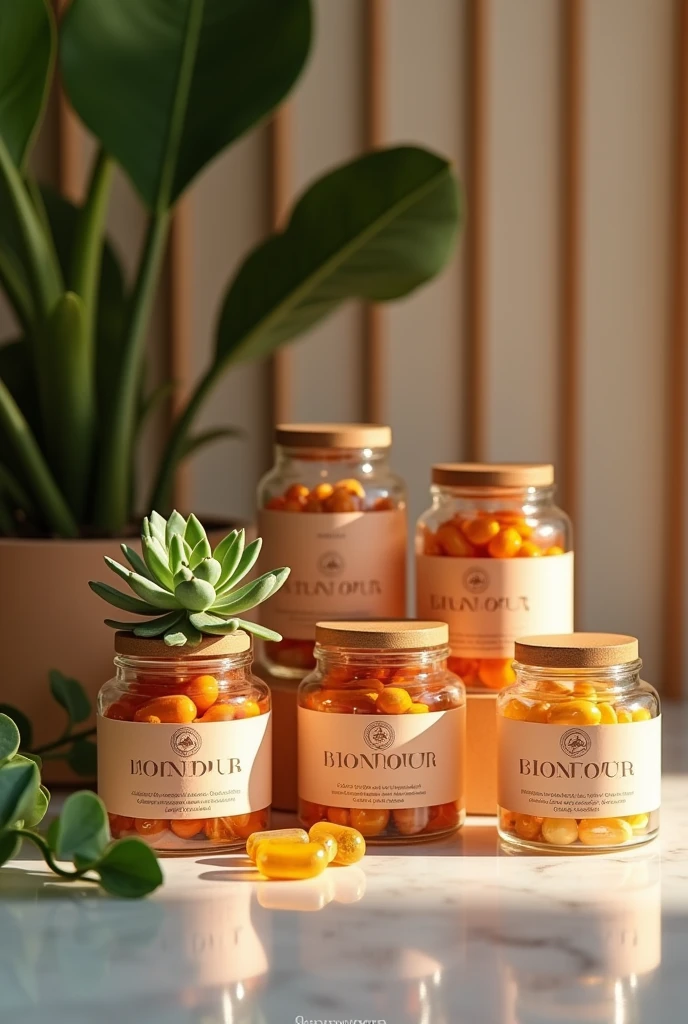 Bio luxury style image of vitamin supplements that say BIONOUR Vegan