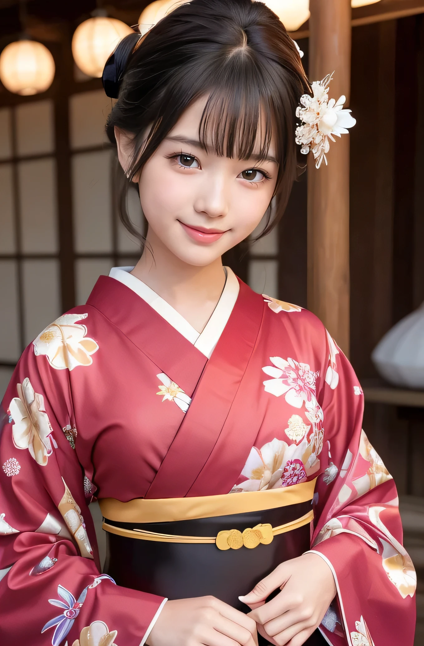 (Very cute girl), (very cute face:1.2),(clear attractive eyes), Beautiful eyes,(smiling), (realistic photograph:1.2),(gorgeous flamboyantly colored apprentice geisha costume :1.1),
(apprentice geisha costume :1.1) ,(very beautiful kimono:1),
Costume lighting